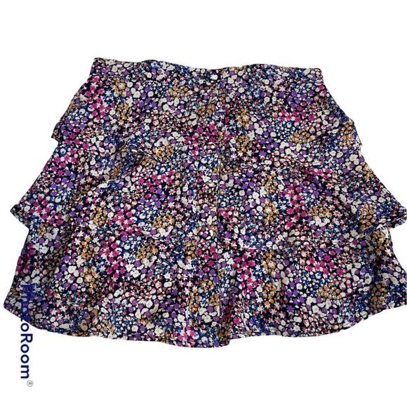 MI AMI Dark Floral Ruffle Mini Skirt Large Black Multicolored Spring Girly - Picture 1 of 4